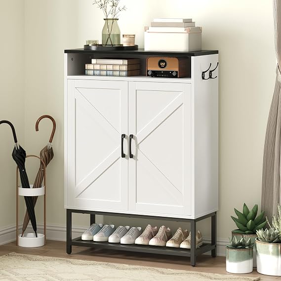 MAHANCRIS Shoe Storage Cabinet, Farmhouse Shoe Cabinet for Entryway, 6-Tier Shoe Organizer with Doors and Shelves, Narrow Hidden Freestanding Shoe Rack Cabinet for Entrance, White and Black SHHW9501