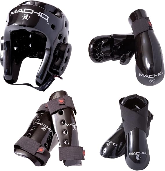 Macho Dyna 7 Piece Sparring Gear Set with shin Guards Black Adult XLarge