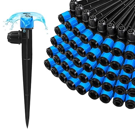 55 Pieces Drip Irrigation Emitters Vortex for 1/4" Tubing, Adjustable 360 Degree Water Flow Irrigation Fan Shape Spray Emitter On 5" Stake for Garden Watering System