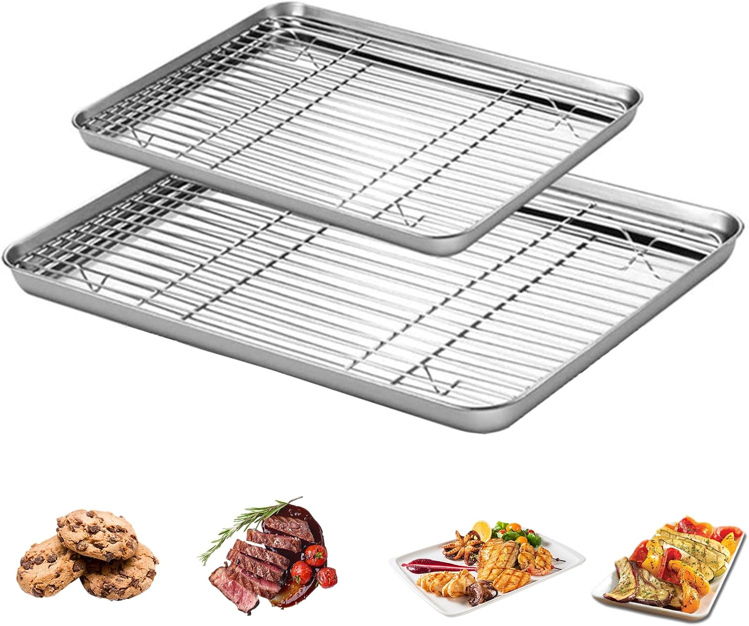 Baking Tray with Rack Set (2 Trays + 2 Racks),31.5 x 24.5 x 2.5 cm &amp; 40.5 x 30.5 x 2.5 cm Non Stick Oven Tray, Stainless Steel Cookie Sheet Pan with Cooling Rack for Baking Cooking Roasting Drying