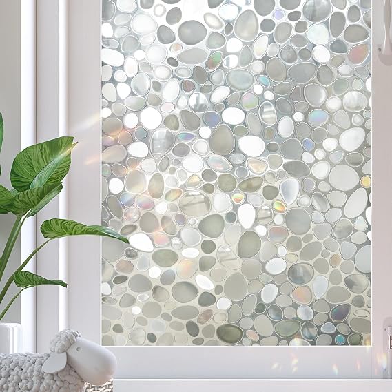 Window Privacy Film, Stained Glass Films, 3D Pebble Rainbow Windows Cling Decorative Window Decals, Sun Blocking Stickers Static Cling Door Windows Covering (Pebble, 35.4" x 118.1")