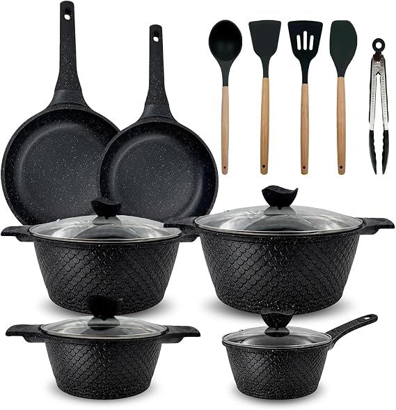 16 Piece Ceramic Pots and Pans Set, Nonstick Cookware Set with Lids & Kitchen Utensils, Healthy Ceramic Cooking Set, Induction Compatible, Dishwasher Safe, PFOA & PFAS Free, Black