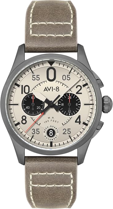 AVI-8 Men's 42mm Spitfire Lock Chronograph Ghost Grey Watch with Leather Strap AV-4089-06