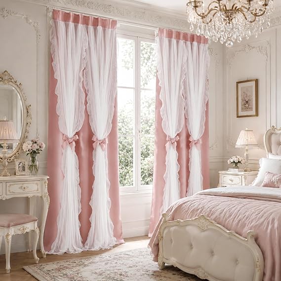 PONY DANCE Pink Curtains with Ruffle Sheer 72 Inches Long for Girls Bedroom, Shabby Chic Style Double-Layer Drapes for Nursery/Living Room/Apartment/Dorm, 2 Panels Set, 52" W x 72" L, Blush Pink