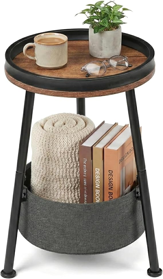 LEMONDA Small Round End Table, 2 Tier Round Side Table with Storage Basket,11.8D*17.8H Accent Table,Sofa Side Table, Nightstand for Living Room Bedroom (Rustic Brown)