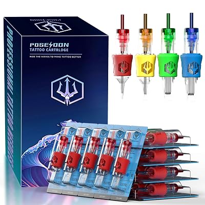 POSEIDON Tattoo Cartridge Needles 50Pcs Assorted Mixed Size Disposable Needles, #10 Round Liner Long Taper1003RL 1005RL 1007RL 1009RL 1011RL - 303RLLT 5RLLT 7RLLT 9RLLT 11RLLT