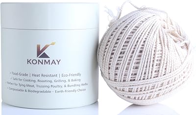 KONMAY 1.5mm Butcher s Twine 490ft 100% Cotton Cooking String, Baker Twine for Trussing, Roasting, Grilling, Tying Meat, Herbs & Sausages,Packed in a Paper Box with Feeding Hole