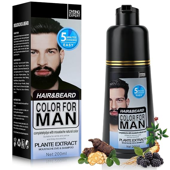 Men's Beard & Mustache Dye Shampoo, Instant Color 100% Grey Hair Coverage for Beard, Mustache & Hair, 3 in 1 Black Beard Dye, Shampoo & Conditioner, Lasting Effect With Gentle Formula, 6.8 Fl Oz