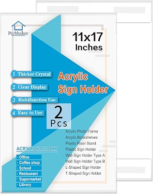 PecMuikee Acrylic Sign Holder 11 x 17 Horizontal Wall Mount Sign Holders Clear Acrylic Frame with Double Sided Tape Clear Poster Frames Plastic Sign Holder for Office, Home, Landscape, 2 Pack