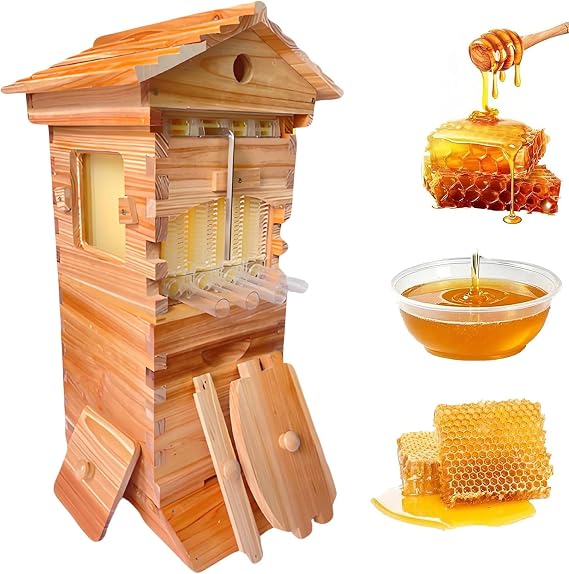 Automatic Flow Hive Beehive Kit - Complete Beekeeping Supplies Starter Kit with Stand, Bee Boxes, Frames & Auto Honey Harvest System - Solid Fir Wood, Wood Color Complete Set