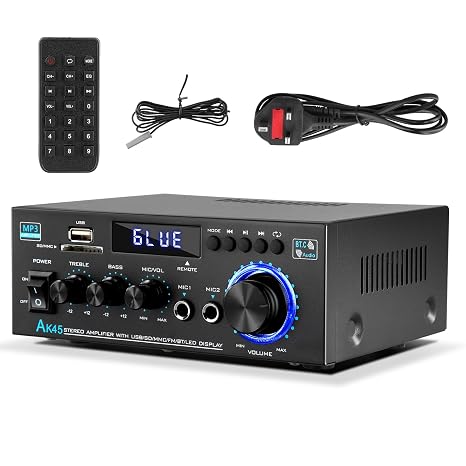 Stereo Audio Amplifier, Bluetooth 2.0 Amplifier HiFi for Speakers FM Radio, LCD Display &amp; Remote Control, FM Radio Karaoke, USB/SD/RCA/MIC/FM in, for Home Speakers 40W x 2 with Power Amplifier