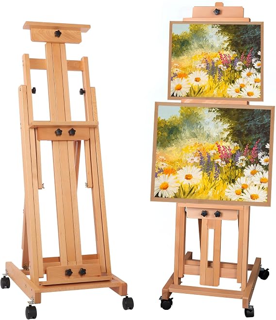 Heavy Duty H Frame Easel, Large Easel Stand for Painting, Collapsible Wooden Easel Stand for Display, Artist Easel with Wheels, Hold 1 or 2 Canvas up to 190cm, Adjustable Art Easels for Adults