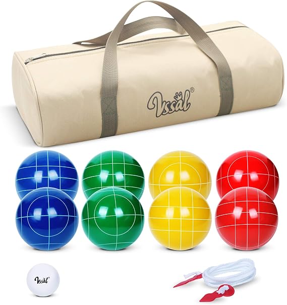 Bocce Ball Set Regulation Size and Weight, Solid Resin | Professional Tournament Backyard Beach Lawn Game, 8 Bocci Balls, Pallino, Measuring Rope, Carrying Bag