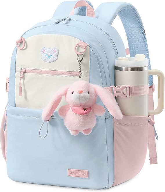 LOVEVOOK Backpack for Girls Ages 8-14, Cute School Backpack with Bunny Charm & Large Cup Holder for Elementary & Middle School, Fits 15.6 Inch Laptop, Large Capacity Girls Bookbag,Sky Blue-Pink-Beige