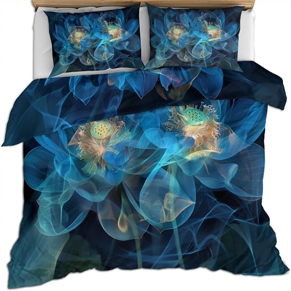 Blue Lotus Bedding, Full Duvet Cover, Dreamlike Petals Duvet Cover, Creative Plants Comforter Bedspread Quilt Cover, for Kids Boy Women Teen Girl, Bedroom Decor 3 Piece