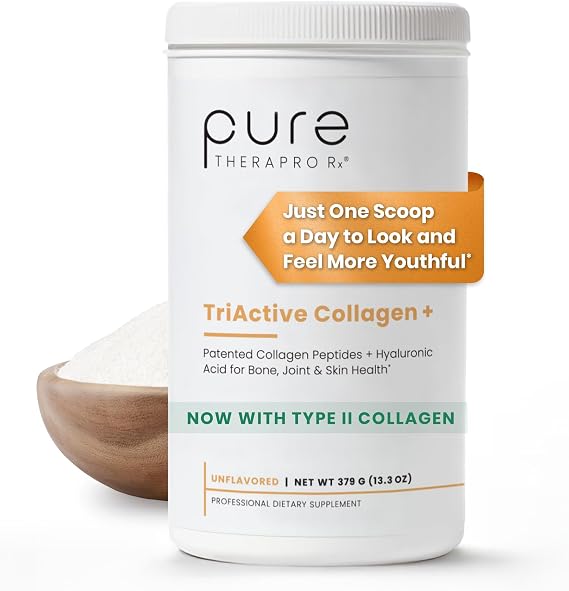 Pure Therapro Rx TriActive Collagen Plus, Collagen Powder for Hair, Skin, Nails, Bones & Joints, Hydrolyzed Collagen Powder w/Patented Peptides, Multi Collagen Protein Powder (Unflavored)