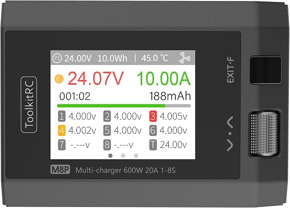 Black ToolkitRC M8P 600W 20A 2.4 TFT inch Color LCD Screen Balance Charger Discharger for 1S - 8S Lipo RC Racing Drone Battery