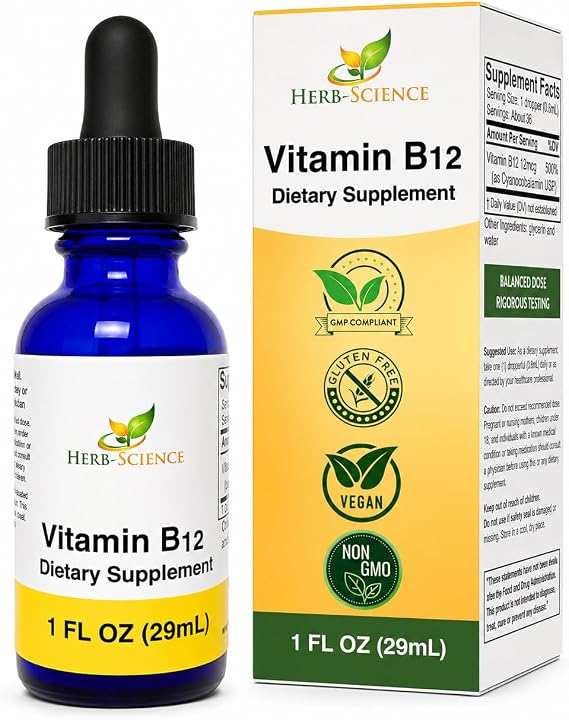 Liquid Vitamin B12 Cold-Pressed, High Absorption, Vegan, Alcohol-Free, Sublingual B12 Drops, Cyanocobalamin, No Artificial Flavors, Blue Cobalt Glass Bottle for Maximum Freshness - 1 oz