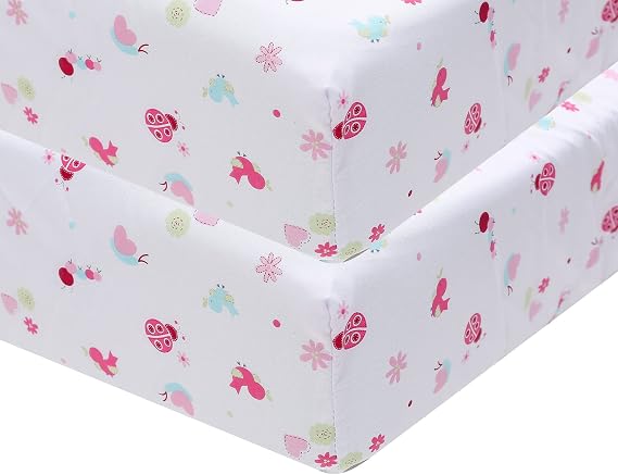 2 PCs Ladybug Theme Nursery Crib Fitted Sheet Baby Girl Garden Crib Fitted Sheet Pink 28 X 52 inch
