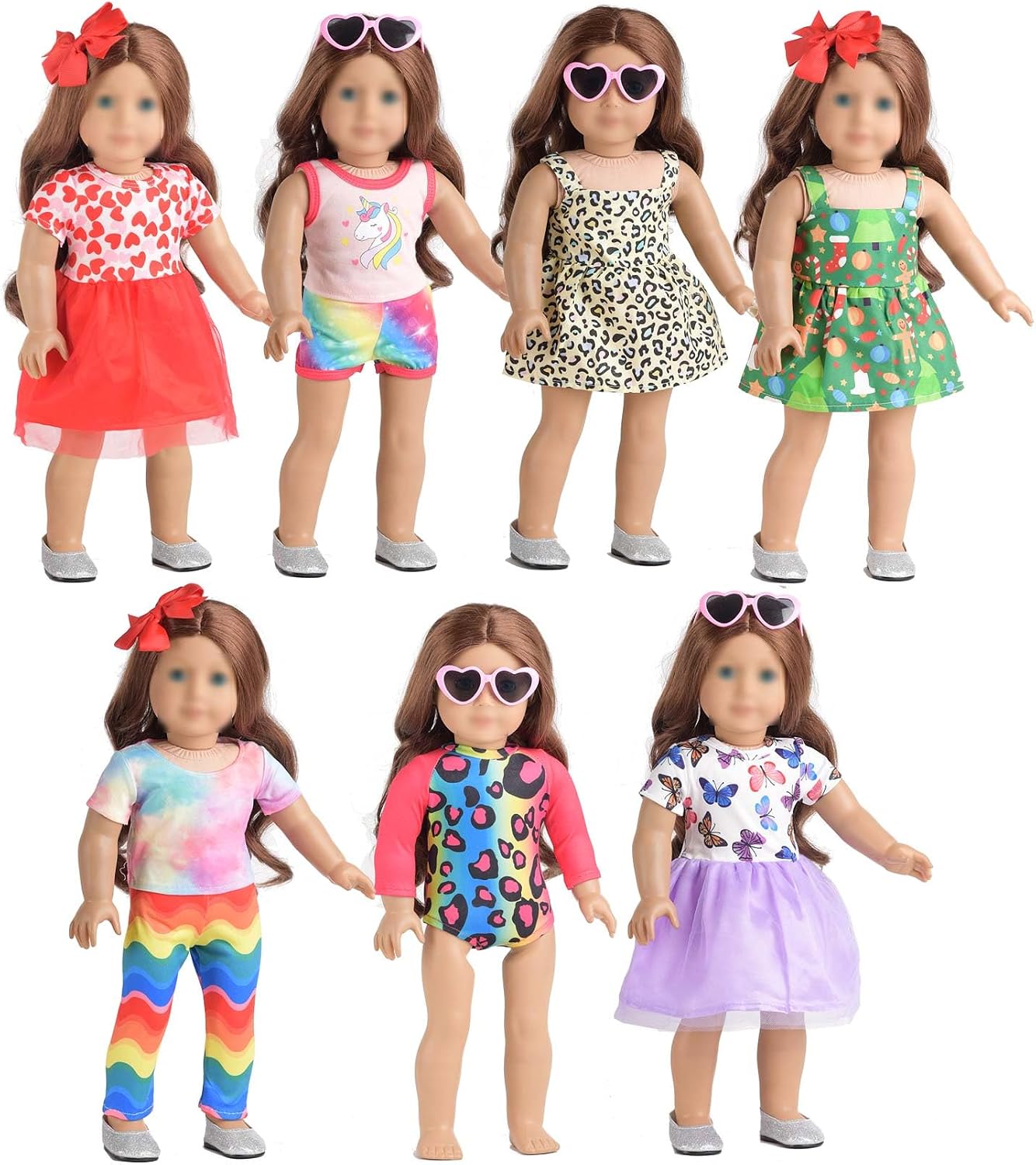 18 Inches Doll Clothes Accessories Sets, Fashion Doll Clothes Unicorn Rainbow Butterfly Leopard Dresses Glasses Fit 18 Inch Dolls