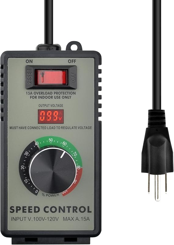 Motor Speed Controller AC 120V 15A Variable Speed Regulator | For electric fans, routers, duct exhaust, ceiling fans. Rheostat control, adjustable voltage. Max 15A