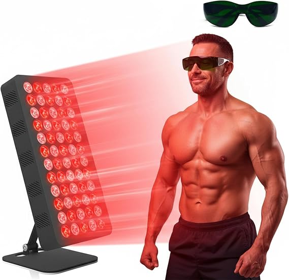 Red Light Panel with 60Pcs Dual Chips LEDs, 660nm &amp; 850nm Near-Infrared Red Light Lamps for Body and Face, 10/20/30min Timer, 5 Brightness for Home Office &amp; Gym [Energy Class A]