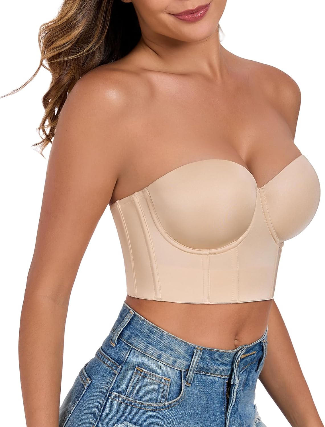 Lemorosy Womens Longline Strapless Bra Full Coverage Bustier Anti Slip Underwire Full Figure Plus Size Corset Top