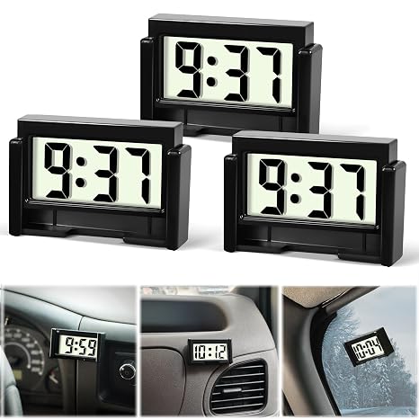 Betus Car Dashboard Digital Clock - Vehicle Adhesive Clock with Jumbo LCD Time & Day Display - Mini Automotive Stick On Watch for Car Truck Dashboard & Air Vent (Black Pack of 3)