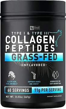 Zeal Naturals Hydrolyzed Collagen Peptides Powder, 10g Protein | Grass-Fed Collagen for Women & Men | Essential Amino Acids | Hair, Skin, Nails, Bone Health | 60 Servings, Unflavored, 23.53 oz.