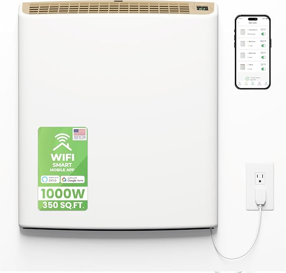 Smart EnviMAX 1000W Wi-fi Plug-in Electric Wall Heater - Energy Efficient Smart Heaters for Large Rooms - App Controlled Electric Heater with Thermal Shut Off Switch - Works with Alexa & Google Home