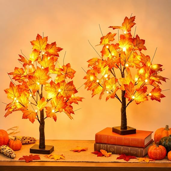 EAMBRITE Fall Decorations for Home Fall Maple Tree Fall Decor Fall Trees | Lighted Artificial Trees with Lights 24LED Thanksgiving Table Battery Operated Centerpieces for Autumn Indoor Room 2Pack