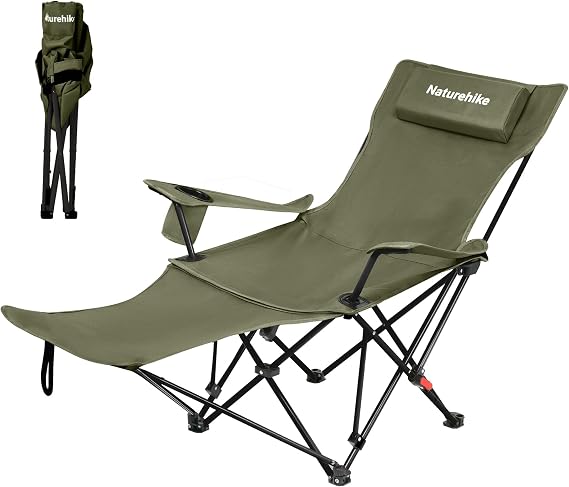 Naturehike 3-Position Adjustable Recliner with Footrest, Heavy Duty Folding Camping Chair, Portable Lounge Chair with Carry Bag, Cup Holder & Side Pocket for Beach, Patio, Lawn Supports 330 lbs