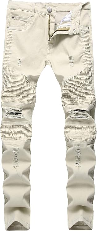 Men's Ripped Slim Straight fit Biker Jeans Distressed Ripped Skinny Slim Fit Denim Pants Holes Hip Hop Biker Stretchy Jean
