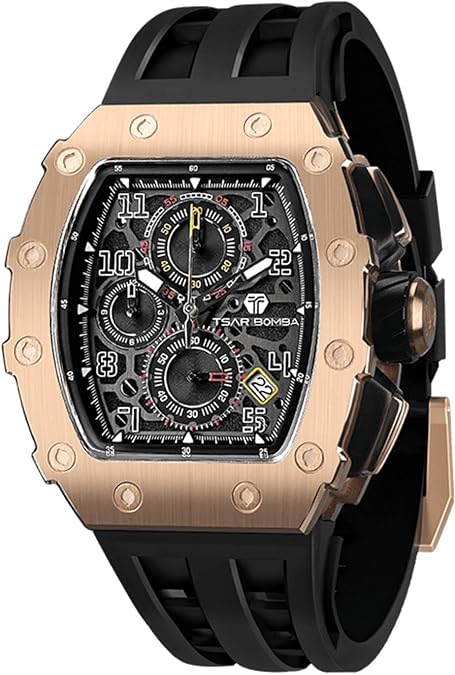TSAR BOMBA Mens Watches Luxury Tonneau Watches for Men Waterproof 50M Analog Replica Wristwatch Chronograph Calendar Date Mens Dress Business Work Watch Diver Large Square Face Watch