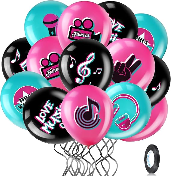 45 Pcs 12 Inch Music Party Decorations, Balloons with Music Note Signs, Ribbon Included, Musics Birthday Party Supplies for Karaoke, Dj, Concert and Musics Theme Parties