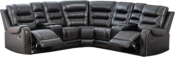 Hybition Manual Recliner Sectional Sofa Set PU Leather L-Shaped Couch Black