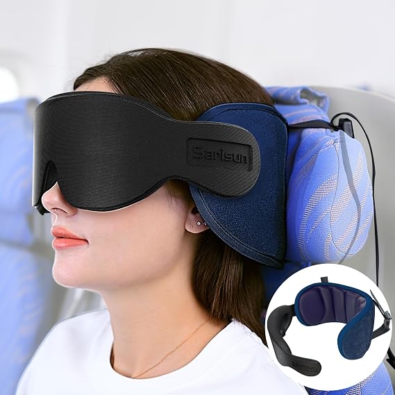 SARISUN Travel Pillow for Airplanes Sleep, Seat Strap for Stable Support | Airplane Pillow Head Strap with 3D Eye Mask, Stop Bobblehead, 360 Headrest Support for Long Flight Road Trip, Purple