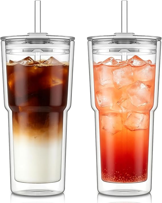 KEMORELA 2PCS 20oz Double Wall Glass Tumblers with Lids and Straws Insulated Borosilicate Glass Matcha Cups for Iced Matcha Latte, Smoothies, Reusable Travel Glass Cups Leak Proof 2-in-1 Lid
