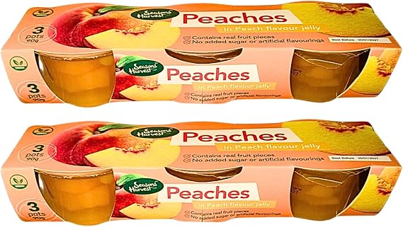 Seasons Harvest Peaches in Peach Flavour Jelly 6 Pots – 2 x 3 Pack (90g Each) – Ready to Eat Fruit Dessert – Includes Gifty Goodness Shopping List