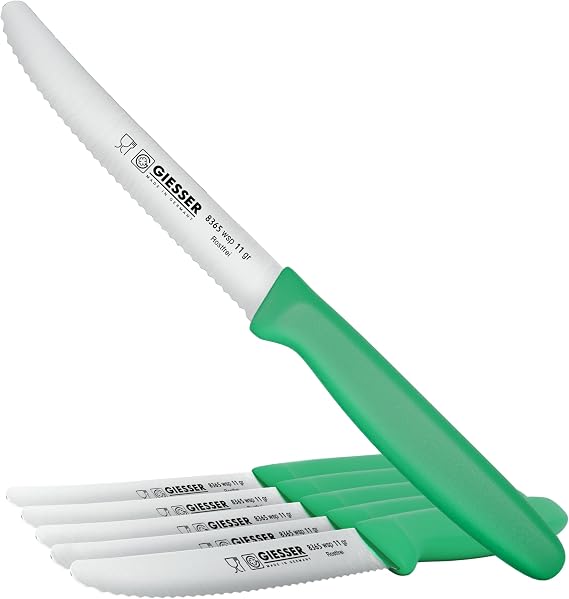 Giesser since 1776, Made in Germany, Serrated kitchen knives round tip dishwasher safe 4.5 inch - Tomato knife, Steak knive set of 6 (Green)