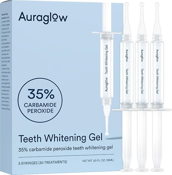Auraglow 35% Teeth Whitening Gel for Trays, Retainers & Aligners Dentist Strength Carbamide Peroxide Whitener, 30 Treatments, 3 Syringes (5mL)