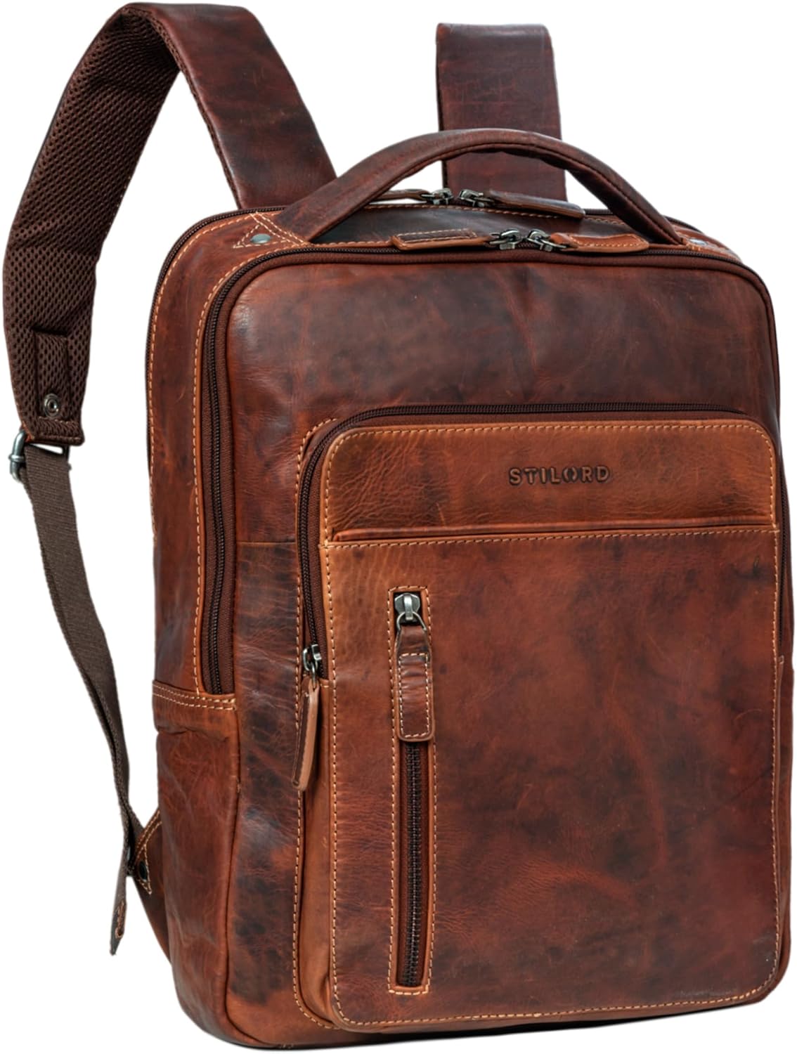 STILORD 'Tory' Leather Backpack Large Mens Womens Rucksack Vintage Laptop Backpacks 13 Inch Business Hand Luggage Travel Backpack Men Women Backpack, Colour:Salerno - Brown