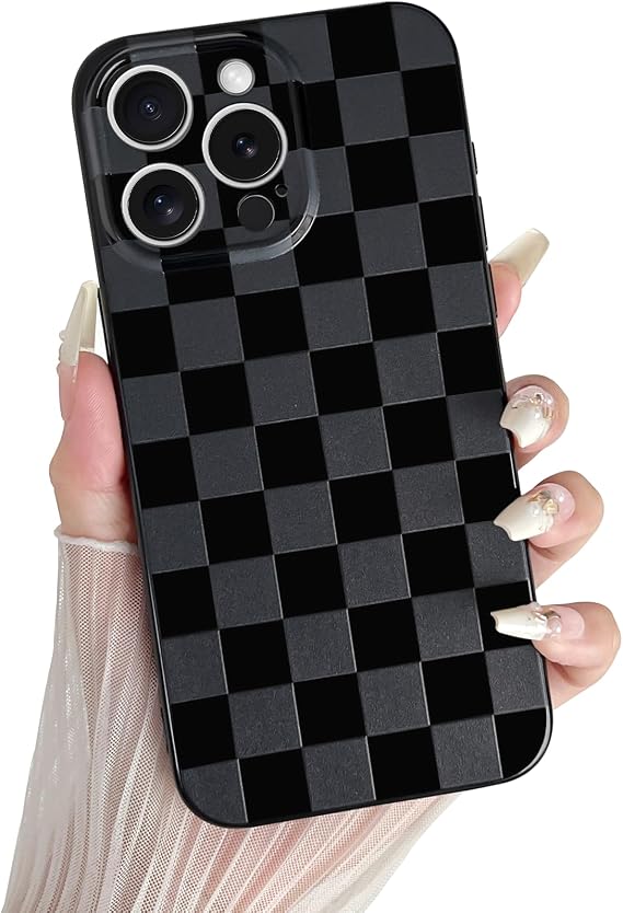 Case for iPhone 13 Pro, Cute Checkered Checkerboard Pattern Design Soft TPU Silicone Phone Case with Camera Protection Slim Shockproof Protective Case for Women Girls - Black