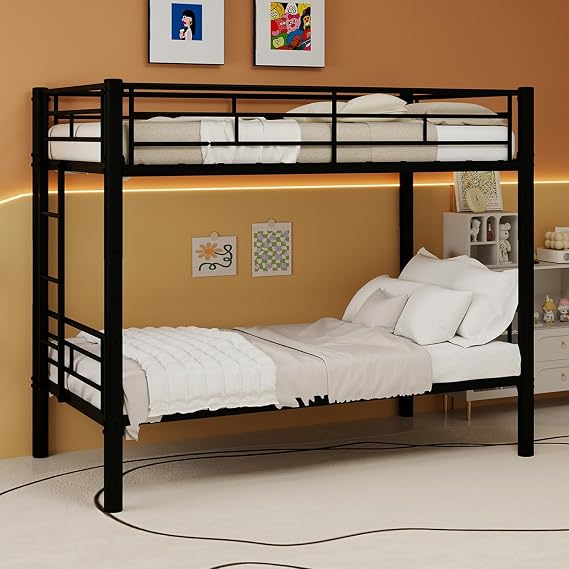 Metal Bunk Bed Twin Over Twin Convertible Twin Bunk Beds into 2 Individual Twin Size Bed with Laddder, No Box Spring Needed, Black