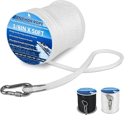 Anchor Rope 38in x 50FT,Premium Solid MFP Braided Anchor Ropes Anchor Line with Stainless Steel Thimble & Snap Hook,Boat Rope Marine Ropes for Anchors and Boats White