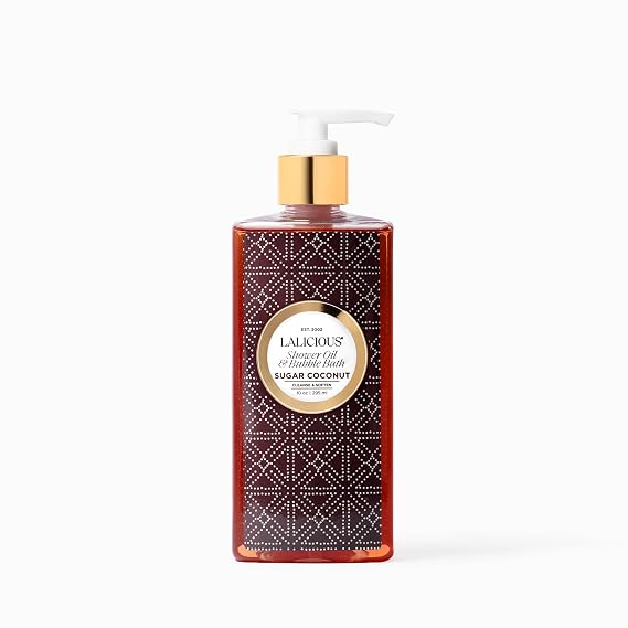 LALICIOUS Sugar Coconut Shower Oil & Bubble Bath, Moisturizing Body Wash with Topical Probiotics & Grapeseed Oil, Multi-Use Softening Cleanser for Shower, Bath & Shaving, 10 oz