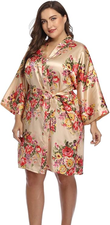 Women's Plus Size Satin Robes Short Silky Bathrobes Bridesmaid Party Dressing Gown