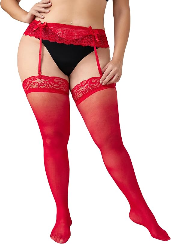 Plus Size Thigh High Stockings for Women with Lace Garter Belt Over Knee Lace Socks Nylons Sheer Tights Pantyhose