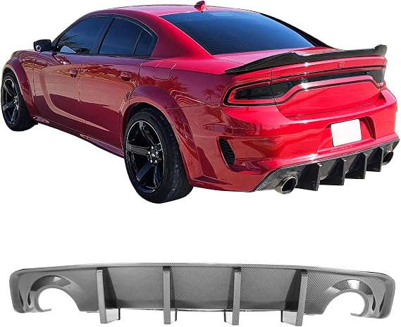 Fit 2020-2023 Dodge Charger Widebody Rear Diffuser PP | IKON MOTORSPORTS, IKON Style Rear Bumper Lip with 4 Fins Carbon Fiber Look PP