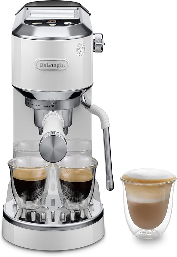 De’Longhi Dedica Duo EC890.WI Barista Coffee Machine with Pump, Espresso and Cold Brew, Manual Coffee Machine with Latte Art Steam Wand, 15 cm Wide, 2 Espressos, Touchscreen, Cups up to 13 cm, White